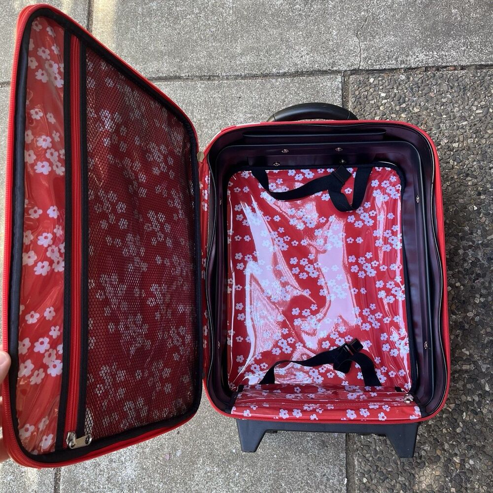 Vintage Roxy Y2K Red White Daisy Floral Rolling Carry On Suitcase Luggage - Picture 10 of 12